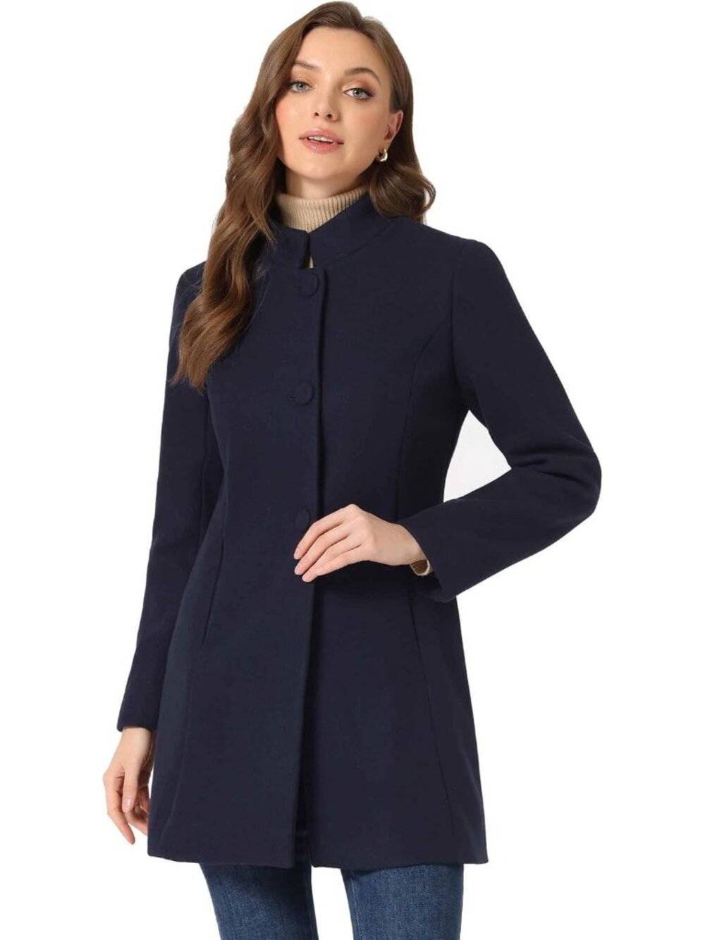 Women's Navy Blue Winter Overcoat Mid Long Stand Single Breasted Soft Pea Coat